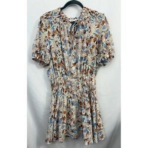Entro Smocked Waist Mini Dress Short Sleeve Brown Blue Print  Womens Size L